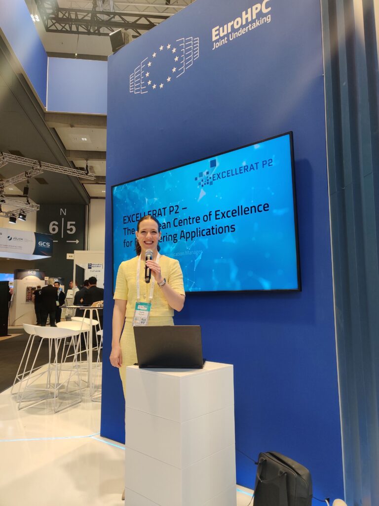 Sophia Honisch presenting EXCELLERAT P2 at the EuroHPC JU Booth at ISC24
